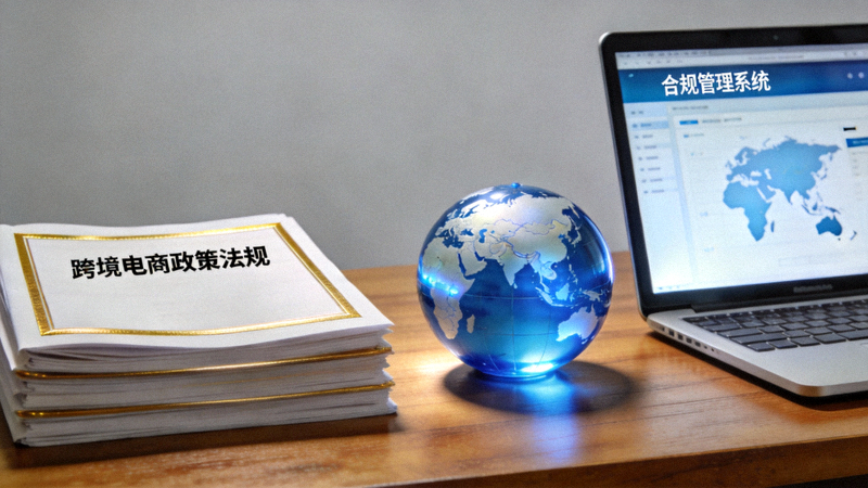 法律文件、地球仪和笔记本电脑摆放在办公桌上，代表跨境电商政策与合规