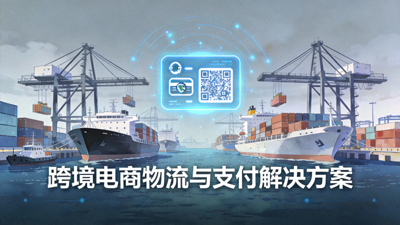 集装箱港口和电子支付图标，象征跨境电商物流与支付解决方案