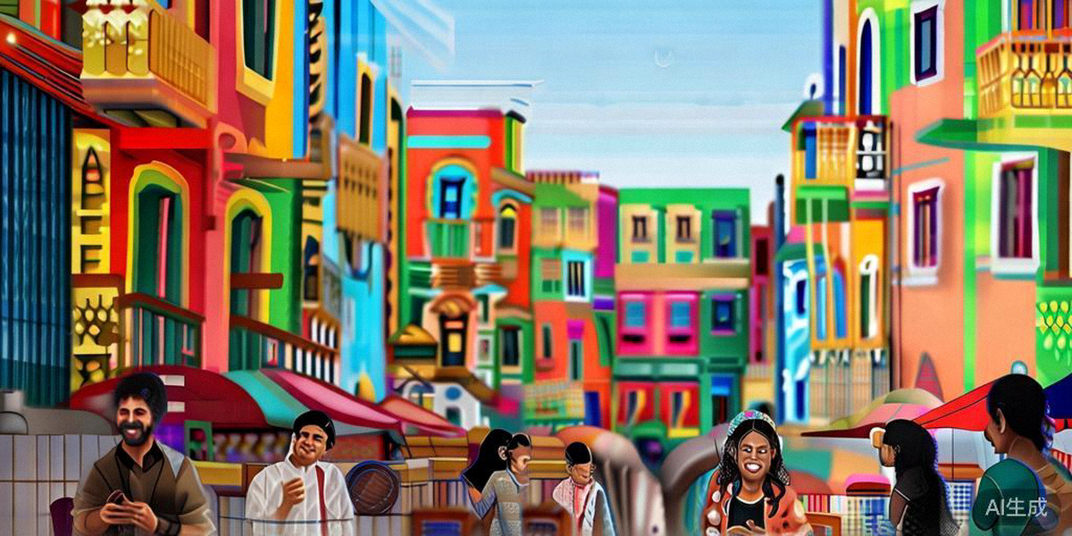 拉美消费者在户外市场使用手机购物的场景，背景是色彩鲜艳的建筑，体现本地文化特色