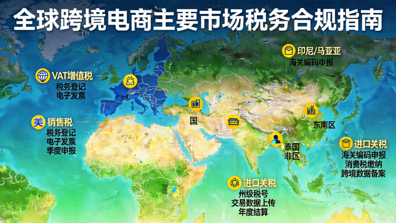 全球税务地图，高亮显示欧美、东南亚等主要跨境电商市场的税务标志和合规要求