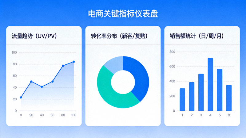 数据可视化仪表盘展示电商关键指标如流量、转化率和销售额