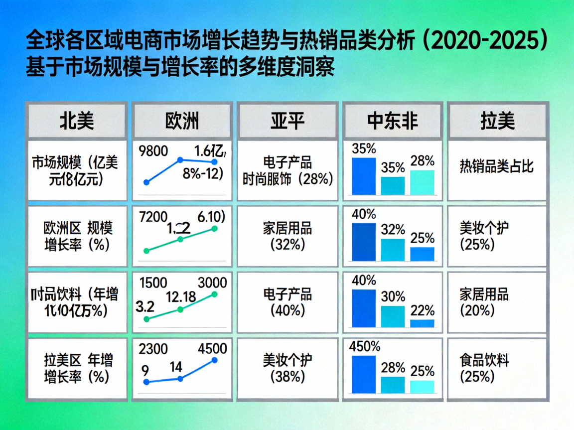 数据图表展示全球各区域电商市场增长趋势和热销品类分析，包括柱状图、曲线图和热力图