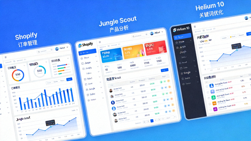 展示最新发布的几款热门跨境电商SaaS工具和平台界面