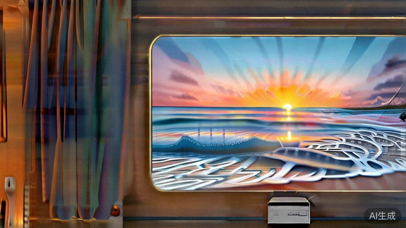 Aosu激光电视投影仪在家庭客厅中投射出高清大屏画面，展示其产品应用场景