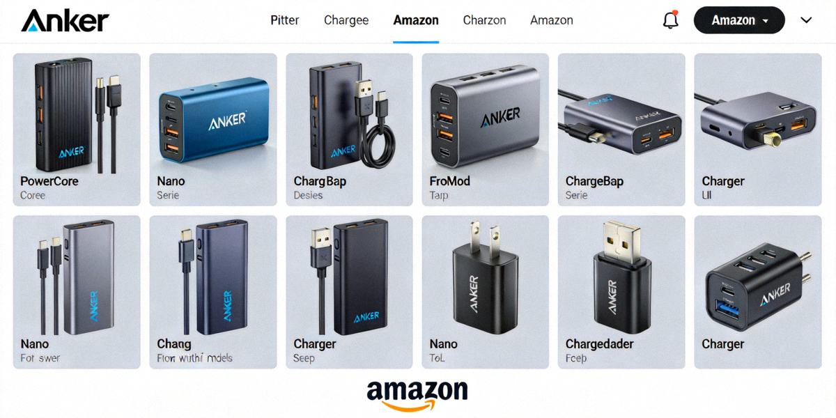 Anker多款充电宝、充电器产品在亚马逊上的品牌旗舰店页面，展示其专业形象