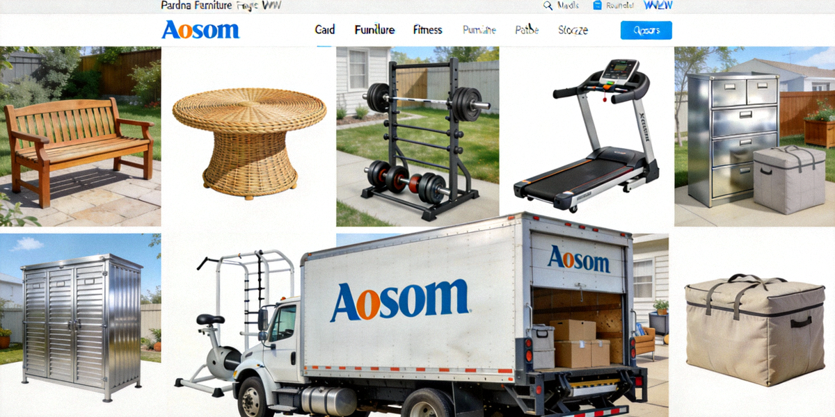 Aosom欧美网站展示庭院家具、健身器材、家居储物等大件商品，配送卡车形象突出