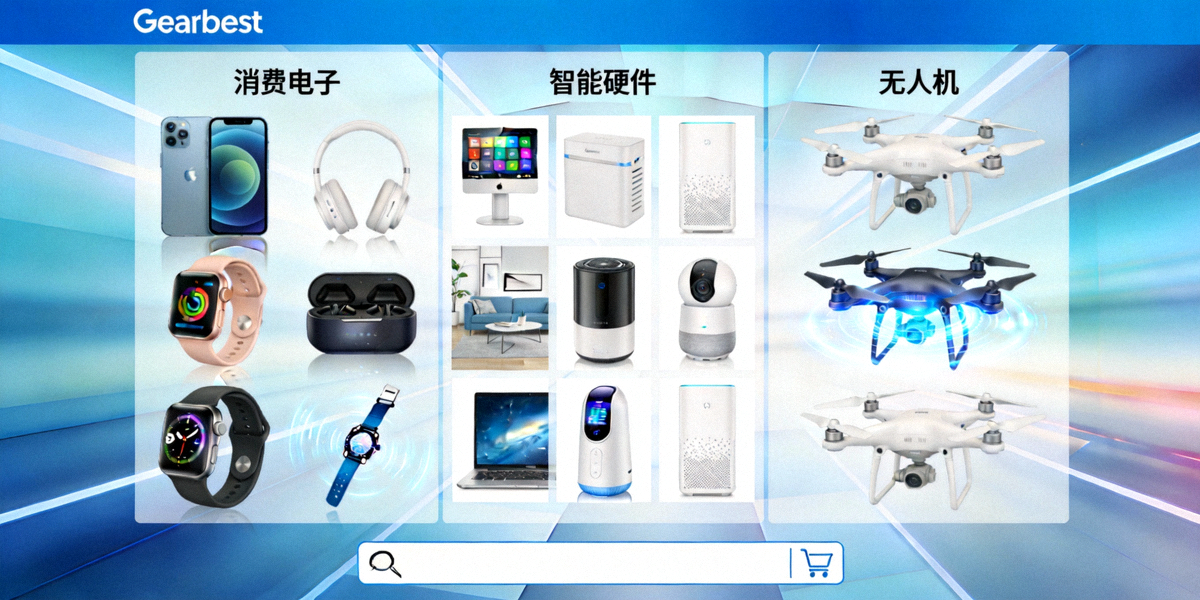 Gearbest网站首页展示各类消费电子产品、智能硬件、无人机等科技产品