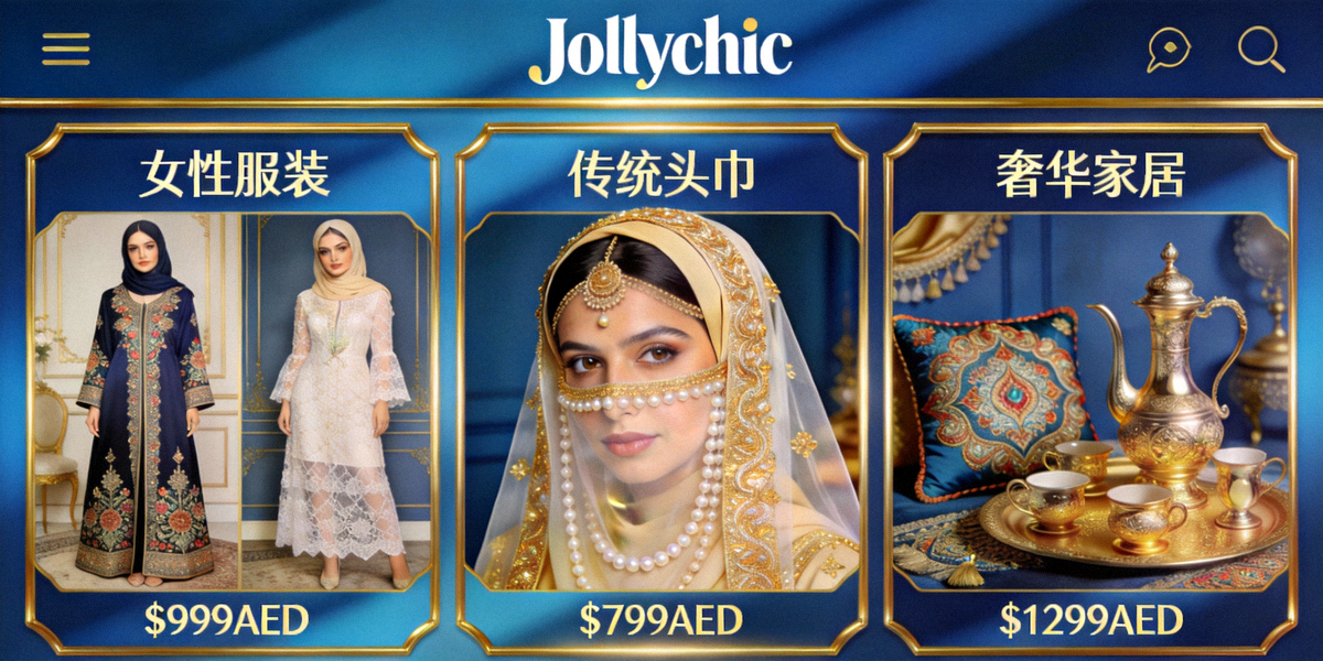 Jollychic APP界面展示符合中东审美的女性服装、头巾及家居用品，设计奢华