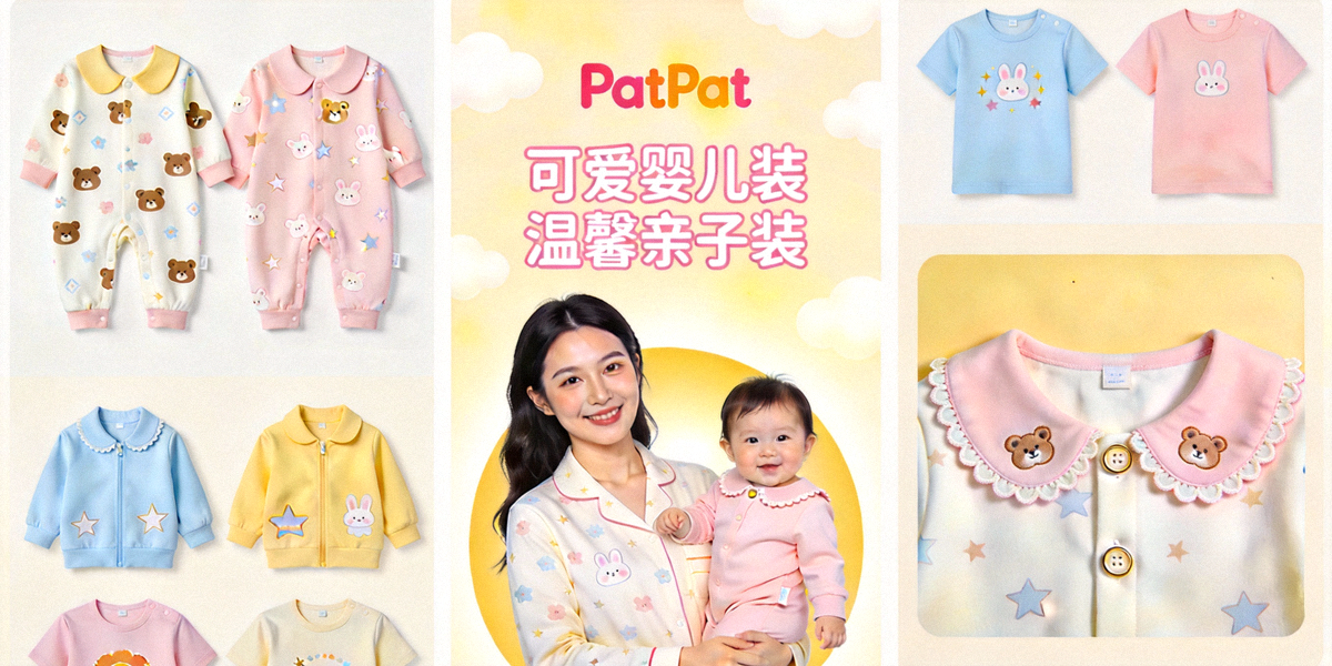 PatPat网站上展示的可爱婴儿服装与亲子装，页面设计充满童趣和温馨感