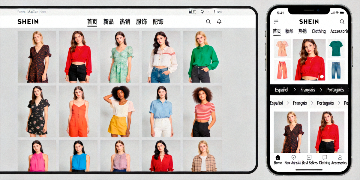 SHEIN网站与APP界面展示其丰富的快时尚女装款式与全球多语言站点