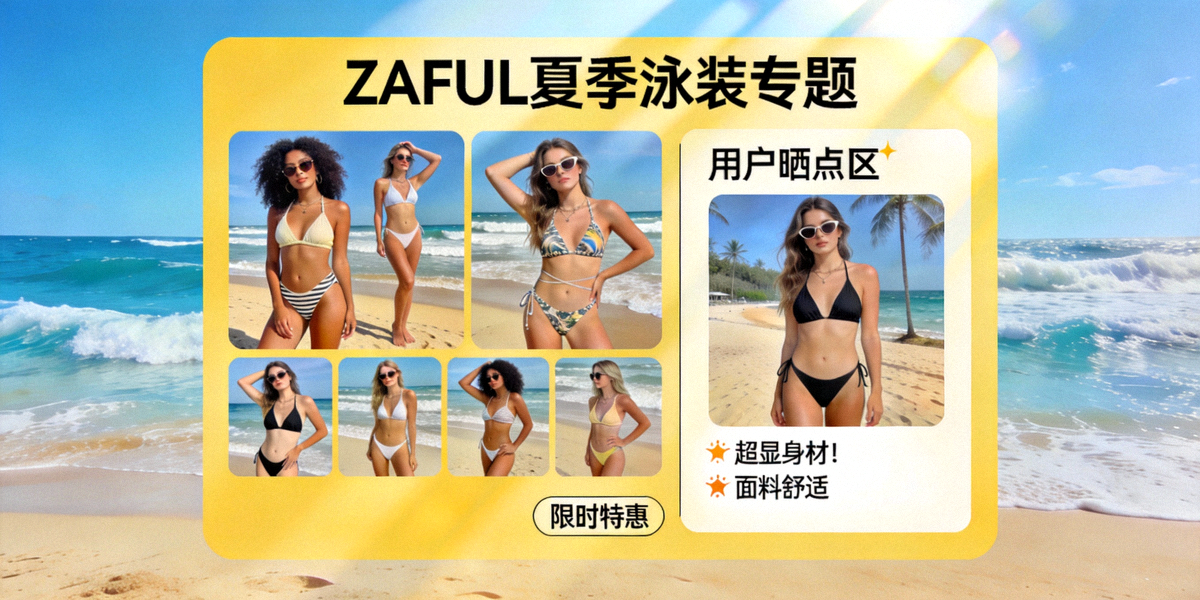 ZAFUL网站夏季泳装专题页面，展示大量模特在海滩拍摄的泳装照片和用户晒单