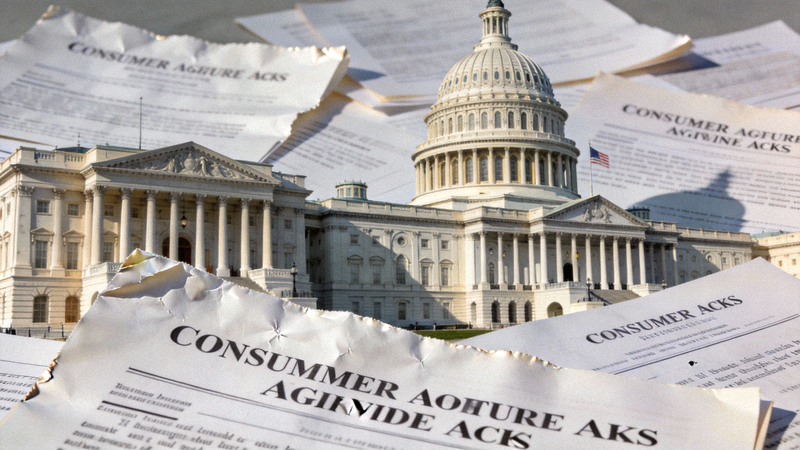 美国白宫与国会大厦，背景有《消费者告知法案》等文件