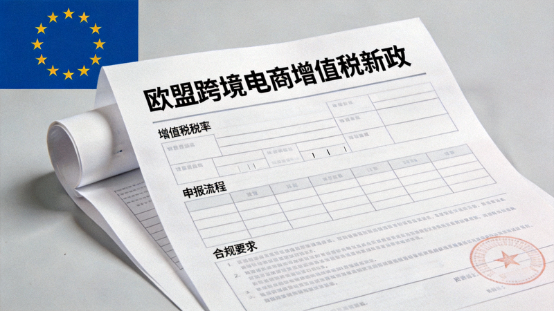 欧盟旗帜与海关文件，代表欧盟跨境电商增值税新政