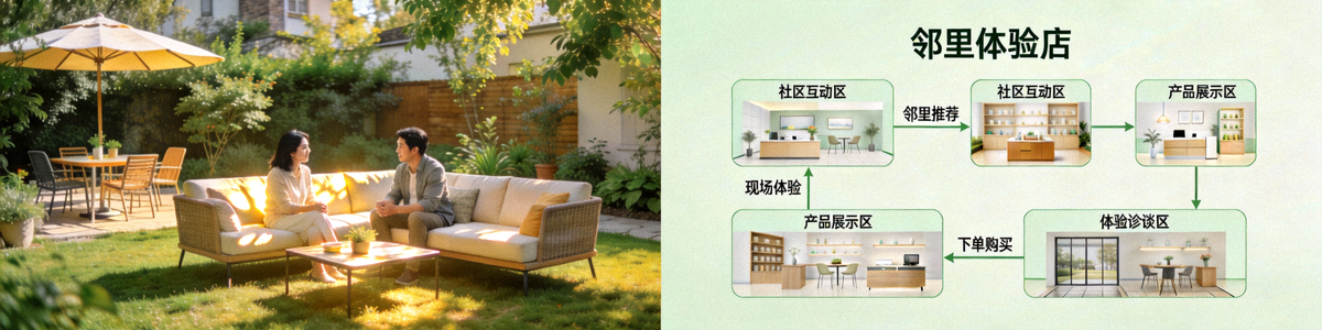 Outer户外沙发产品在真实庭院中的使用图及独特的“邻里体验店”模式示意图