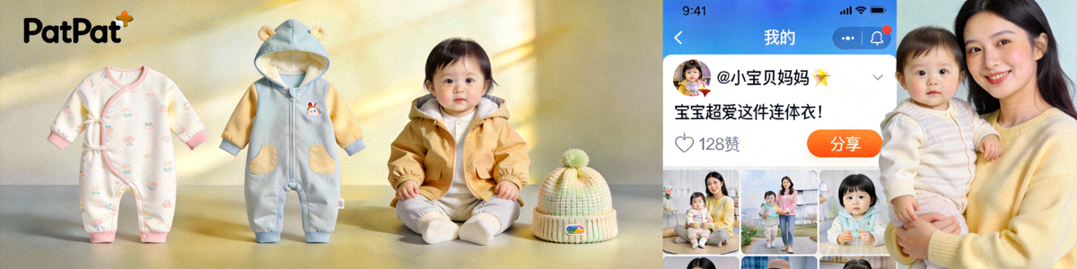 PatPat母婴童装产品图片及社交媒体上妈妈社群的互动截图展示