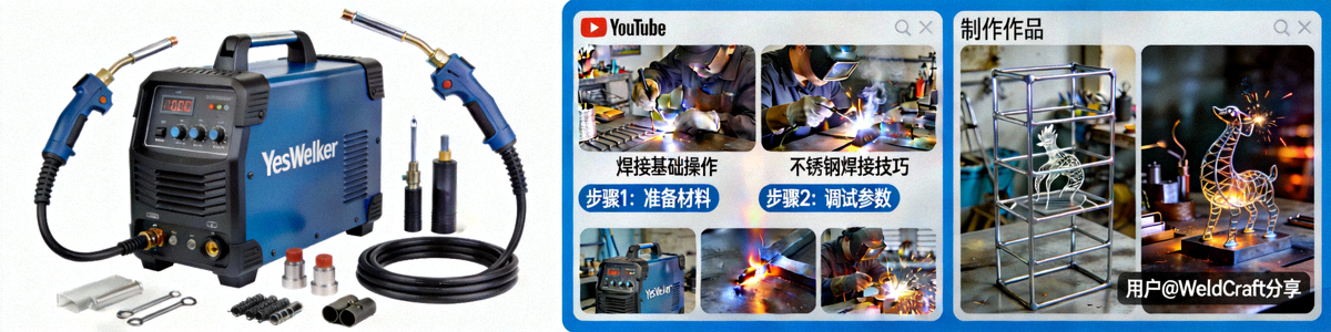 YesWelder焊接设备产品图及用户在YouTube等平台分享的制作教程和作品展示