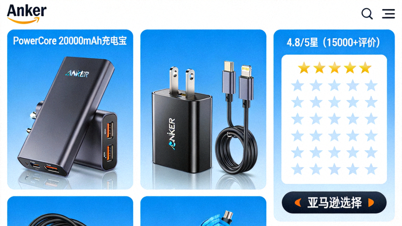 Anker充电产品在亚马逊平台上的品牌旗舰店页面与高评分展示