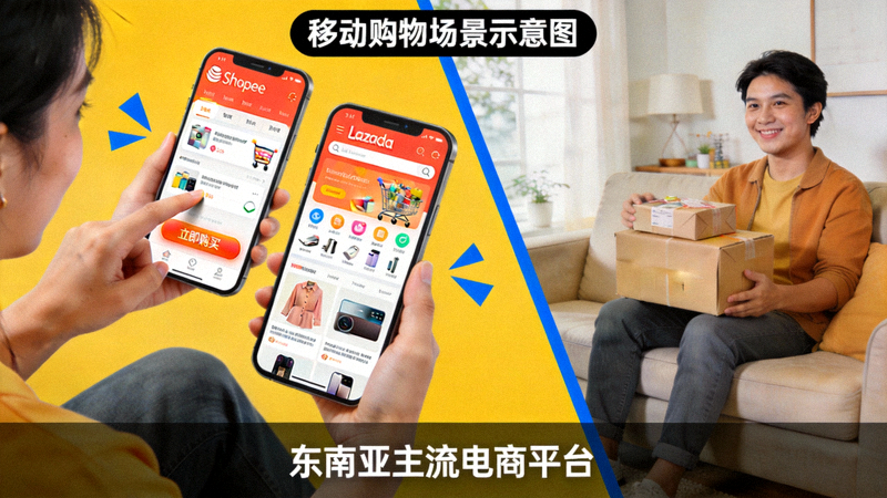 东南亚本地消费者使用Shopee和Lazada等平台进行购物的场景示意图