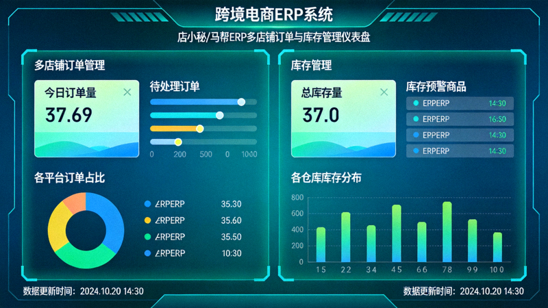 跨境电商ERP系统如店小秘、马帮ERP的多店铺订单与库存管理仪表盘