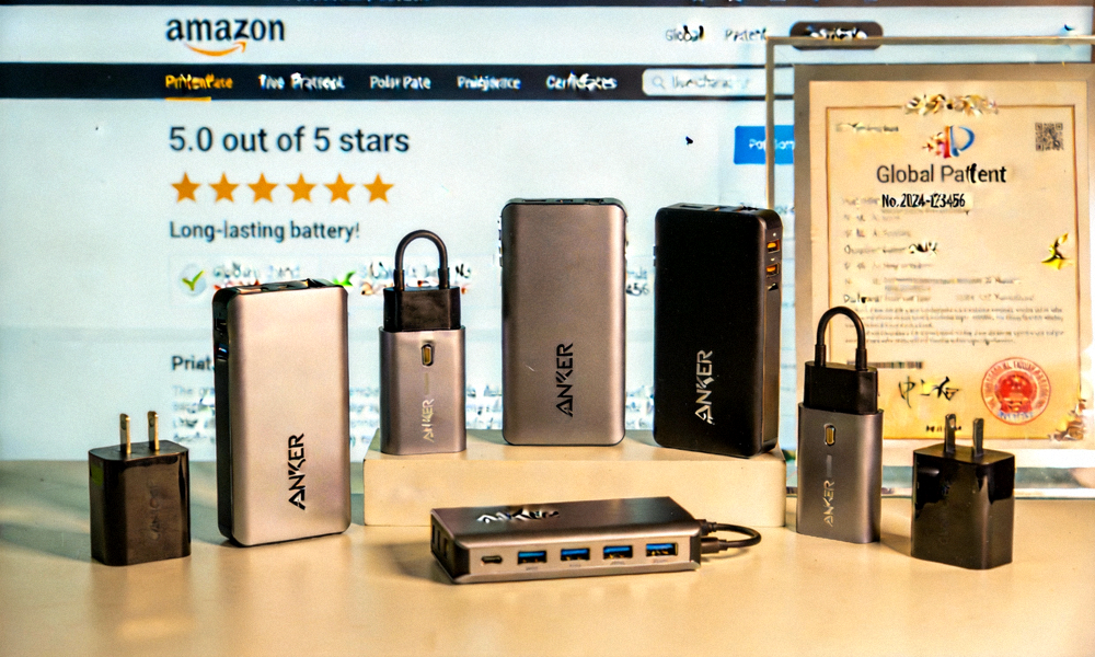 Anker多款充电宝、充电器产品陈列，背景是亚马逊五星好评页面和全球专利证书