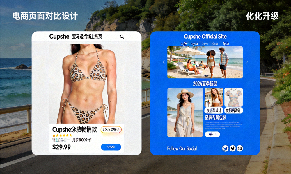 Cupshe泳装在亚马逊上的畅销Listing页面与其独立站官网的对比，展示品牌化升级