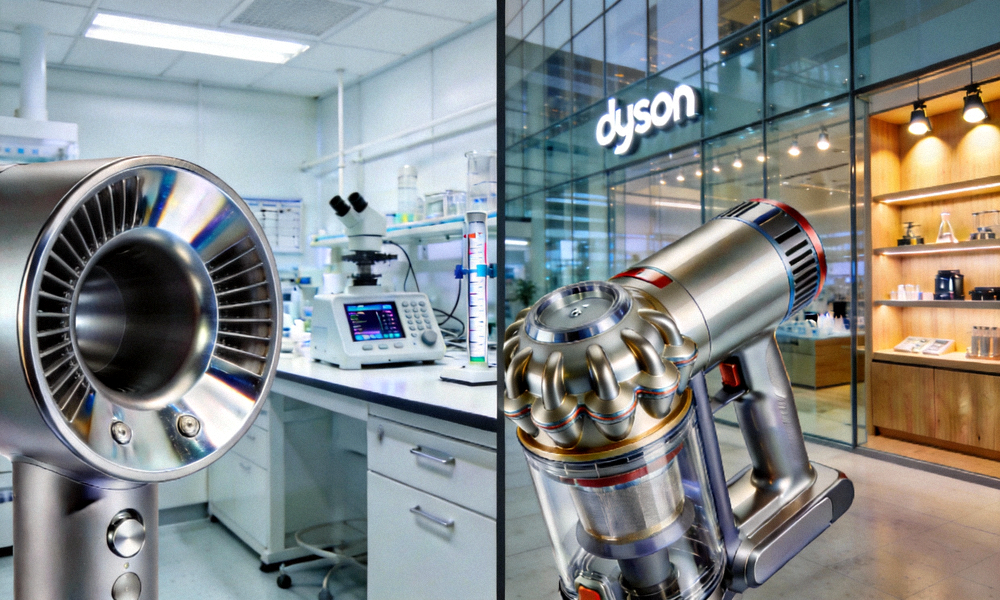 Dyson无叶吹风机和吸尘器产品特写，背景是简洁高端的实验室和全球旗舰店场景