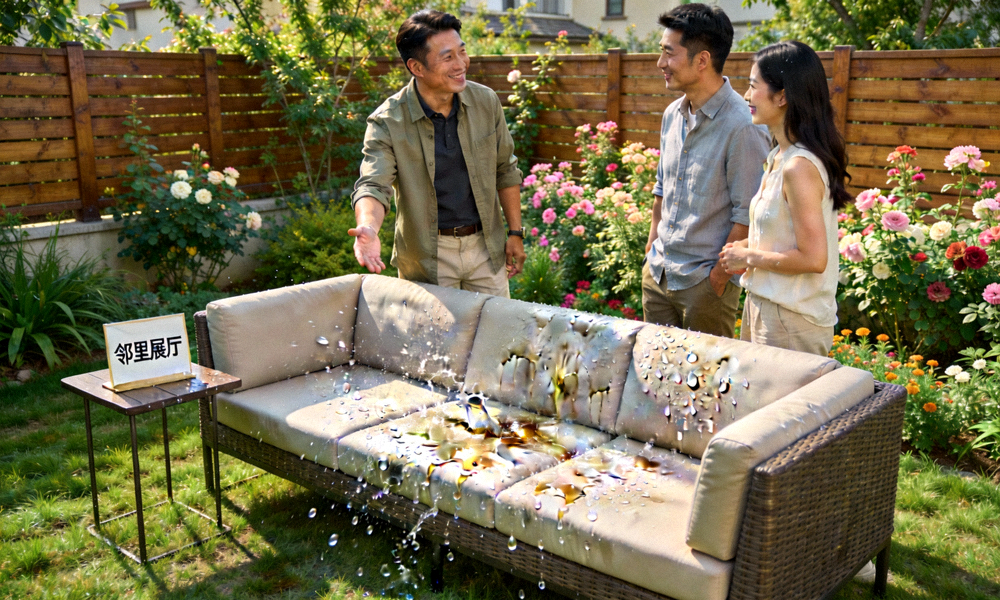 Outer户外沙发放置在优美的后院，展示其防水防污特性，以及‘邻里展厅’主人向访客介绍产品的场景