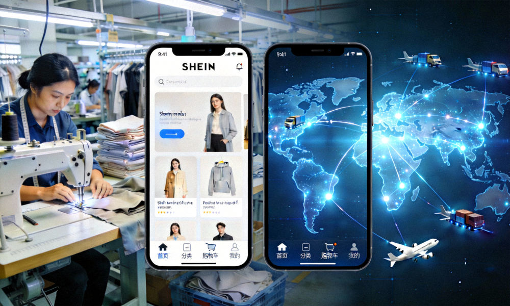 SHEIN网站与APP界面展示，背景是忙碌的服装生产线和全球物流地图