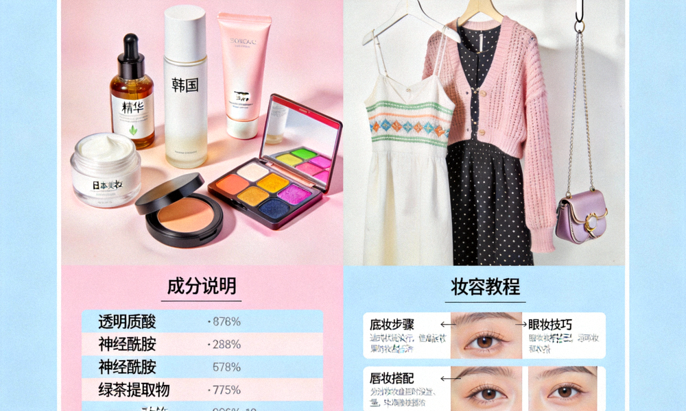 YesStyle网站展示韩国、日本美妆护肤品，以及亚洲时尚服饰，配有详细的成分说明和妆容教程