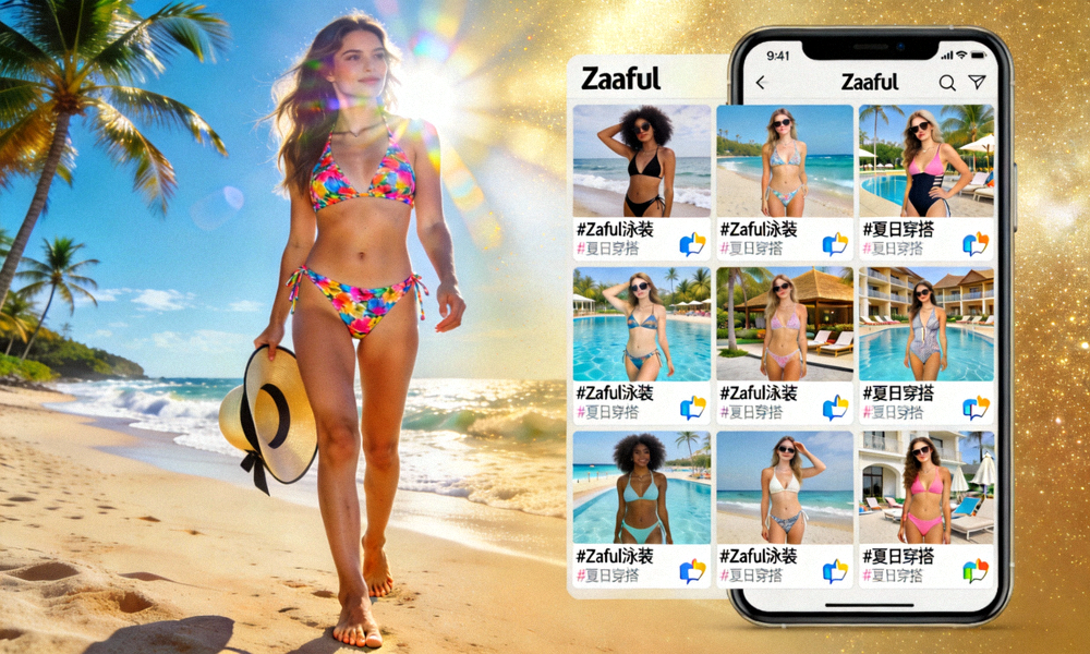 Zaful泳装模特在沙滩拍摄的时尚大片，以及社交媒体上用户分享的穿搭照片墙