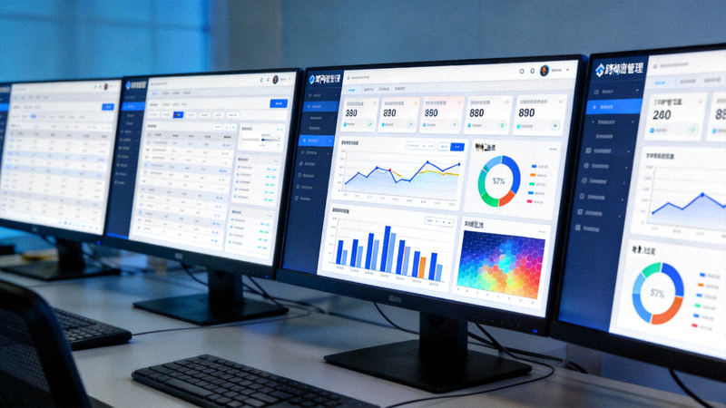电脑屏幕上同时打开多个跨境电商运营管理软件和数据分析仪表盘