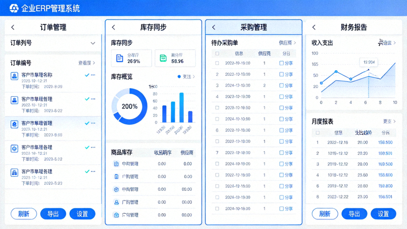 ERP系统界面展示，涵盖订单管理、库存同步、采购管理、财务报告等模块