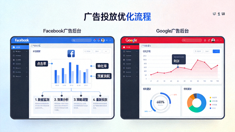Facebook和Google广告后台的数据分析界面，展示广告投放优化过程