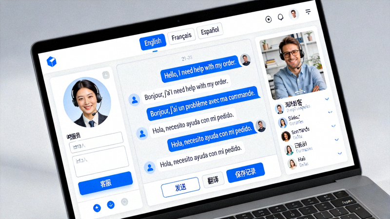 跨境电商客服人员使用多语言客服系统与海外顾客在线沟通的界面