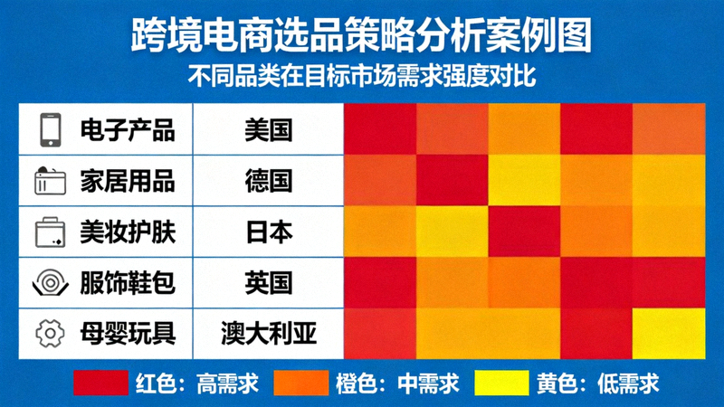 跨境电商选品策略分析案例图：展示不同品类在不同国家的需求热力图