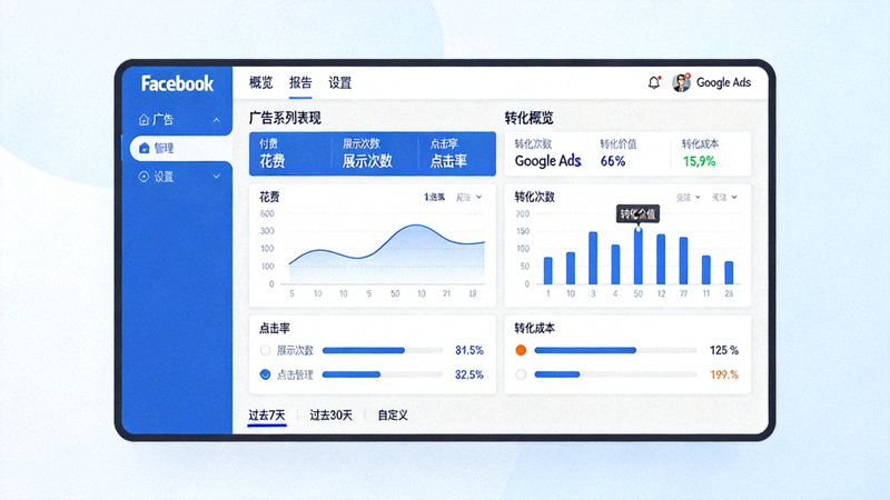 跨境电商广告运营工具界面截图：展示Facebook广告管理器和Google Ads的仪表盘
