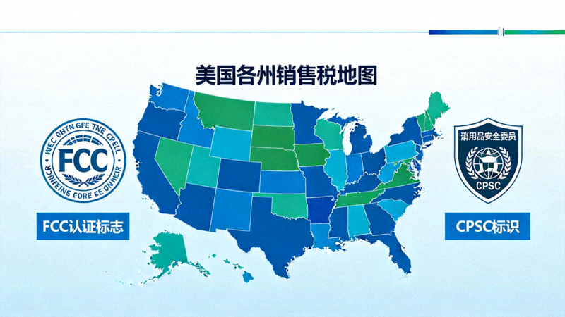 美国各州销售税地图、FCC认证标志和消费品安全委员会CPSC标识