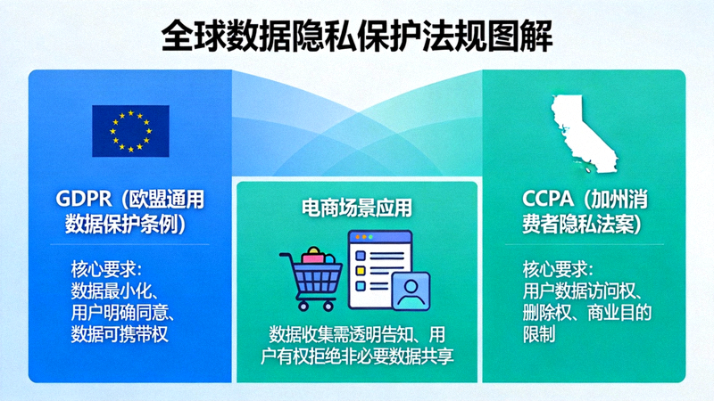 全球数据隐私保护法规图解：展示GDPR、CCPA等法规对电商的要求
