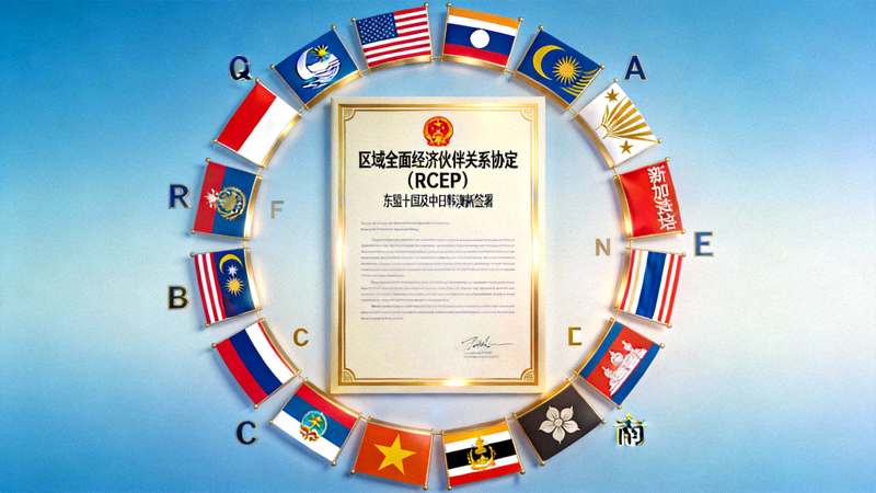 RCEP协议文件封面与东盟各国国旗，象征区域贸易便利化
