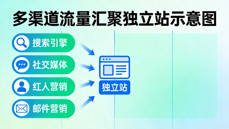 示意图展示搜索引擎、社交媒体、红人营销、邮件营销等多渠道流量汇聚到独立站