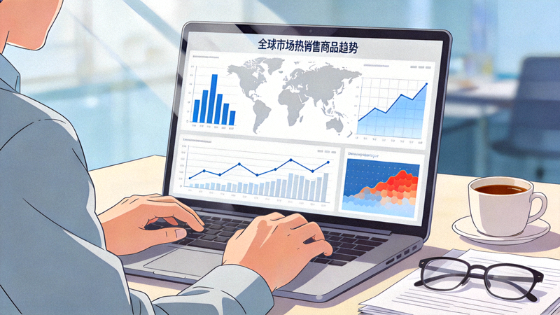 数据分析师使用电脑分析全球各市场热销商品趋势图