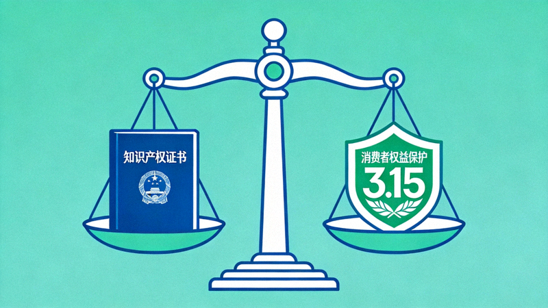 天平图标一侧是知识产权证书，另一侧是消费者权益保护标志，象征平衡的合规与维权