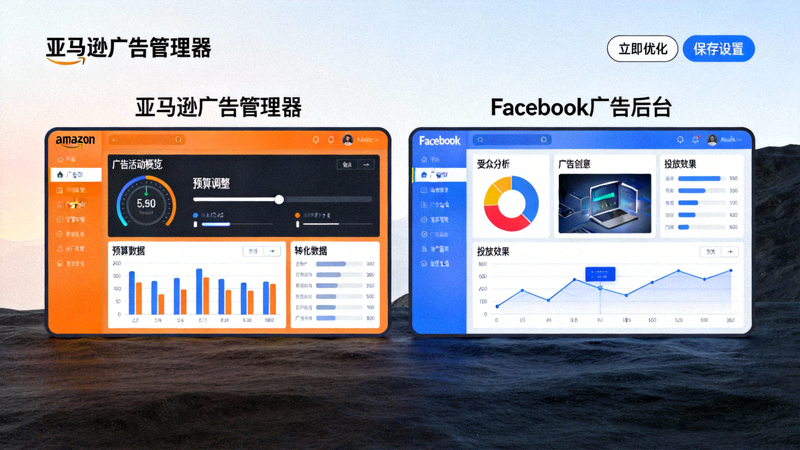 展示亚马逊广告管理器、Facebook广告后台等广告投放平台的优化界面