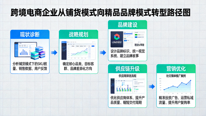 展示一个跨境电商企业从铺货模式向精品品牌模式转型的路径图