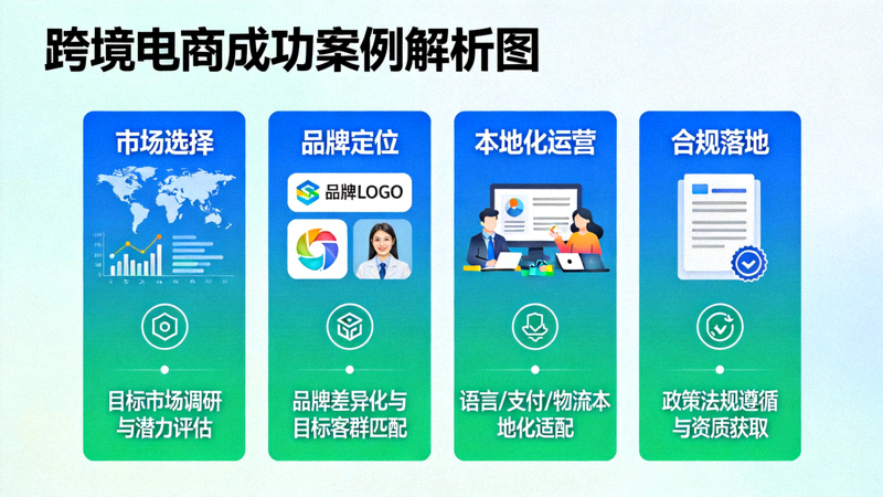 跨境电商成功案例解析图，展示从市场选择、品牌定位、本地化运营到合规落地的完整路径