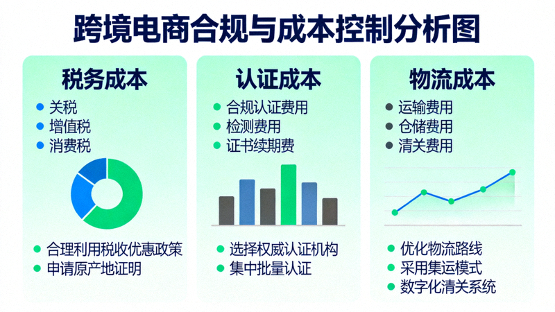 跨境电商合规与成本控制图表，展示税务、认证、物流等环节的成本构成与优化点