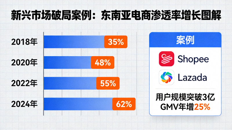 新兴市场破局案例图解展示东南亚市场电商渗透率增长数据